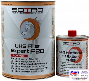 Купити T022140, SOTRO, SOTRO UHS Acryl ﬁller 5:1 Expert F20, Двокомпонентний акриловий ґрунт-наповнювач з високим вмістом сухого залишку (UHS - Ultra High Solid), 4 літри + затверджувач, сірий - Vait.ua