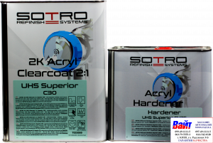 Купити T033050, SOTRO, SOTRO UHS Acryl Clearcoat Superior C30, Двокомпонентний акриловий безбарвний лак PREMIUM-класу з високим вмістом сухого залишку (UHS - Ultra High Solid), 5л. + Нормальний затверджувач (T033525) 2,5л - Vait.ua